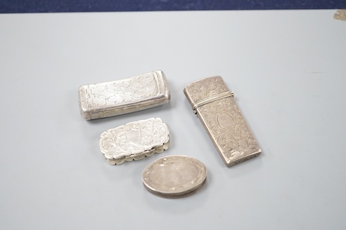 A George III silver oval patch box, John Taylor, Birmingham, 1800, 36mm, a Georgian silver concave combination snuff box/vinaigrette, Samuel Pemberton, Birmingham, 1809?, a Victorian silver pill box and a similar silver